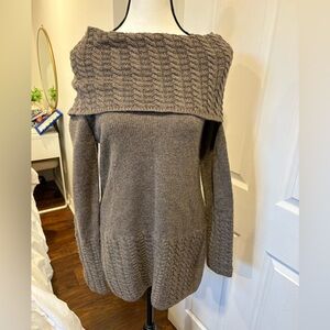 Ellen Tracy Off Shoulder Cable Knit Sweater | Cozy Taupe Wool Blend M